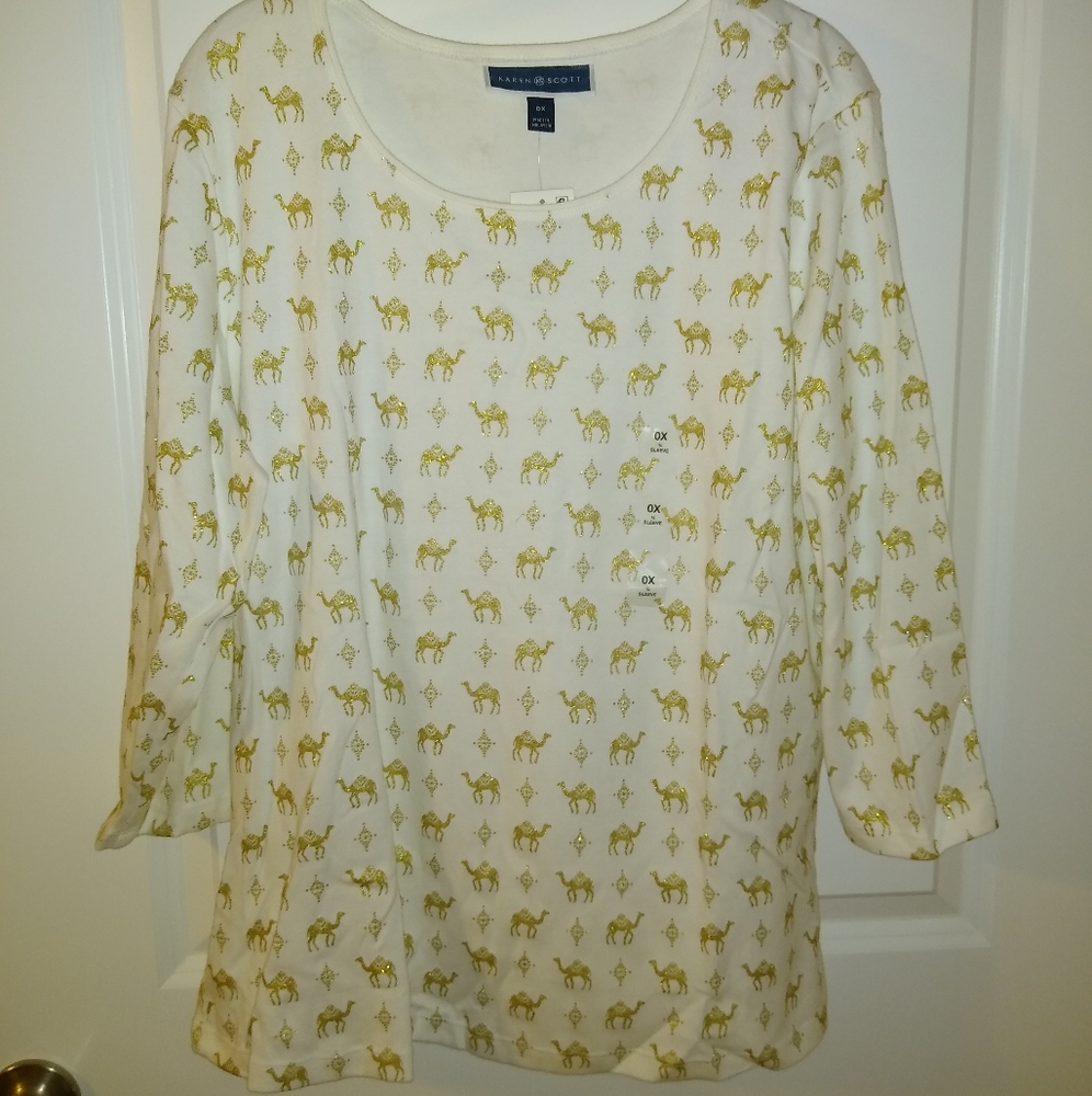 NEW CHRISTMAS Karen Scott White & Gold Lady's Plus Shirt 0X 1X 3X Holiday